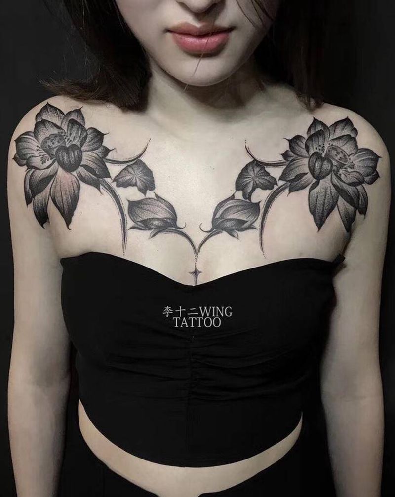 胸肩-莲花纹身图片_肩部胸部老传统水墨纹身图案