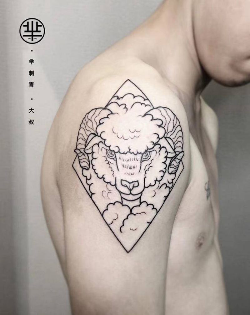 羊咩咩纹身图片_手臂腿部线条纹身图案