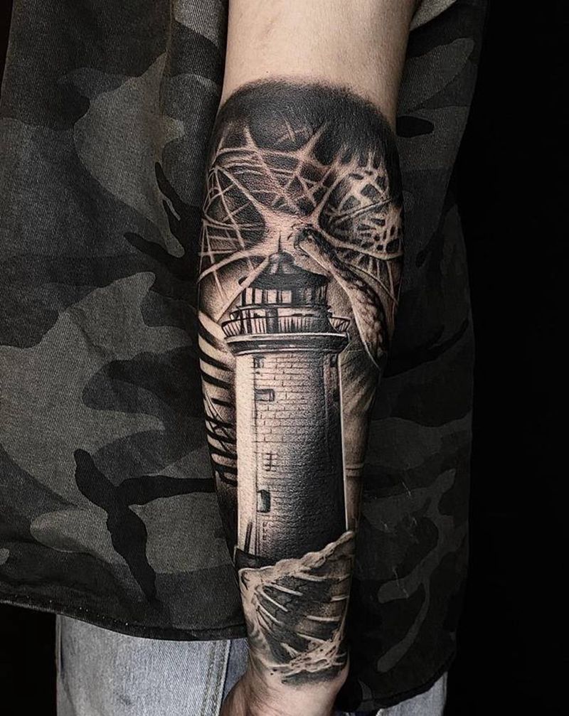 灯塔纹身图片_手臂欧美写实纹身图案