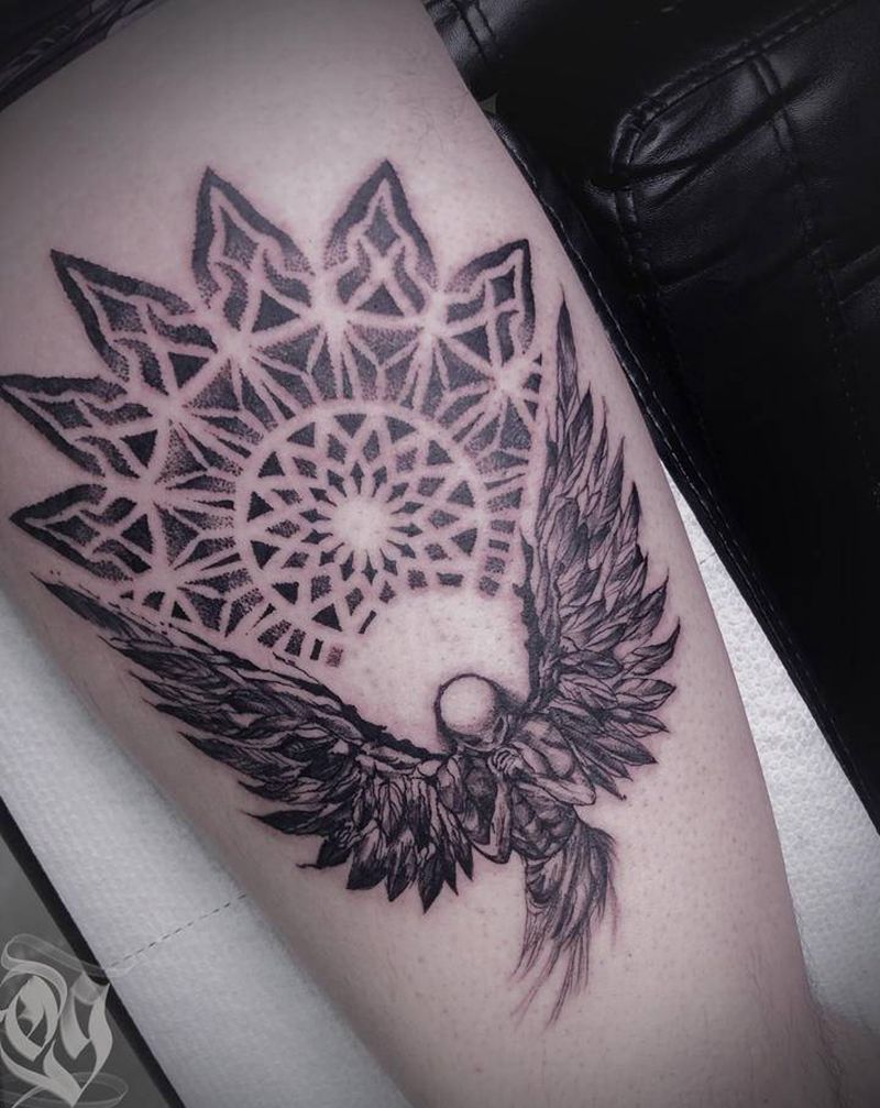 天使➕曼陀罗纹身图片_腿部几何纹身图案