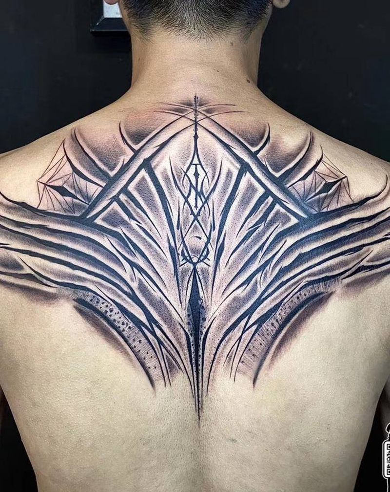 暗黑花体字纹身图片_背部图腾点刺纹身图案