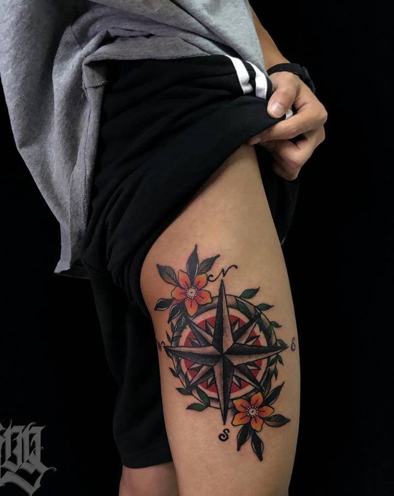 美式纹身-指南针-花纹身图片_腿部Old School纹身图案