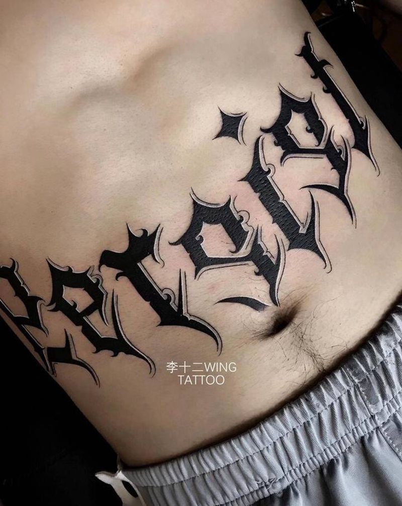 persist纹身图片_腹部花体字纹身图案