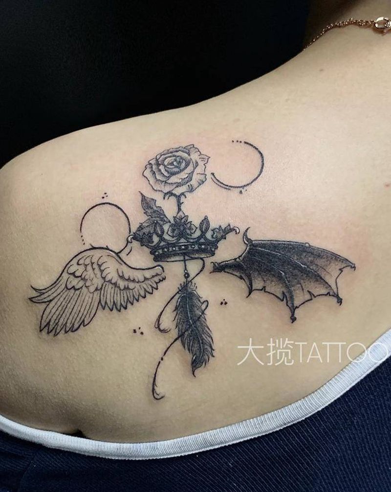 天使与恶魔纹身图片_肩部纹身图案