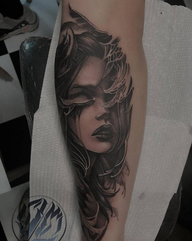 暗黑女巫纹身图片_手臂手部欧美写实暗黑欧美女暗黑写实纹身图案