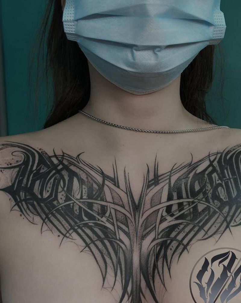 暗黑花体纹身图片_胸部花体字暗黑花体纹身图案