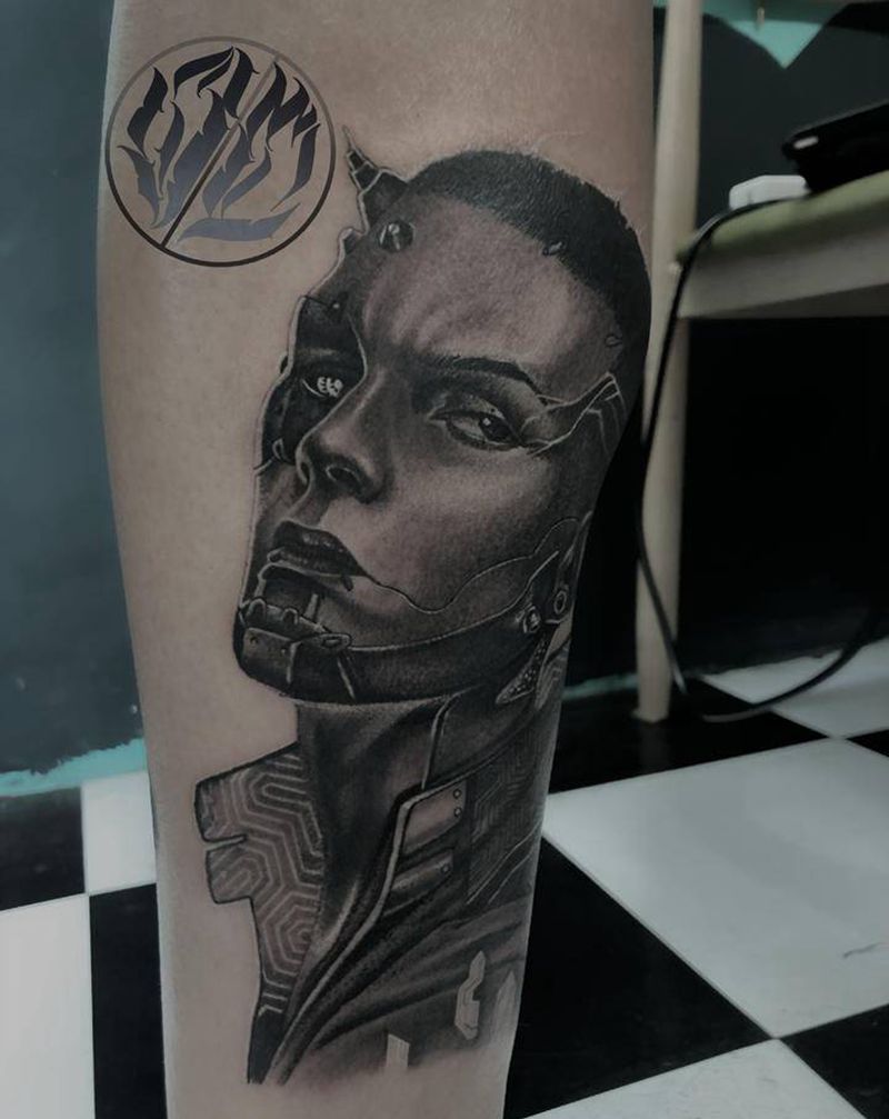 赛博朋克纹身图片_脚部欧美写实赛博朋克纹身图案