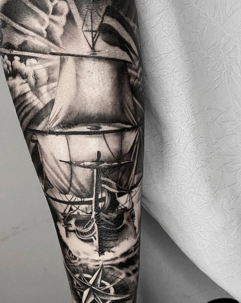 写实帆船纹身图片_手臂纹身图案