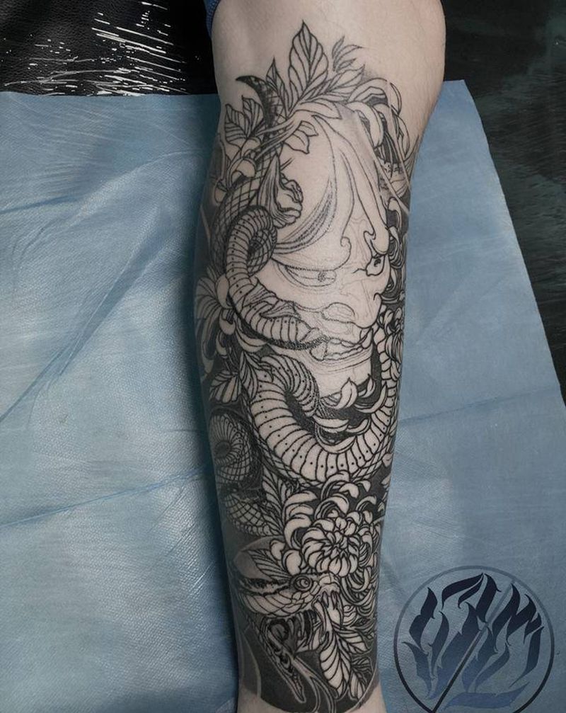 包小腿未完成待上色纹身图片_腿部新传统点刺纹身图案