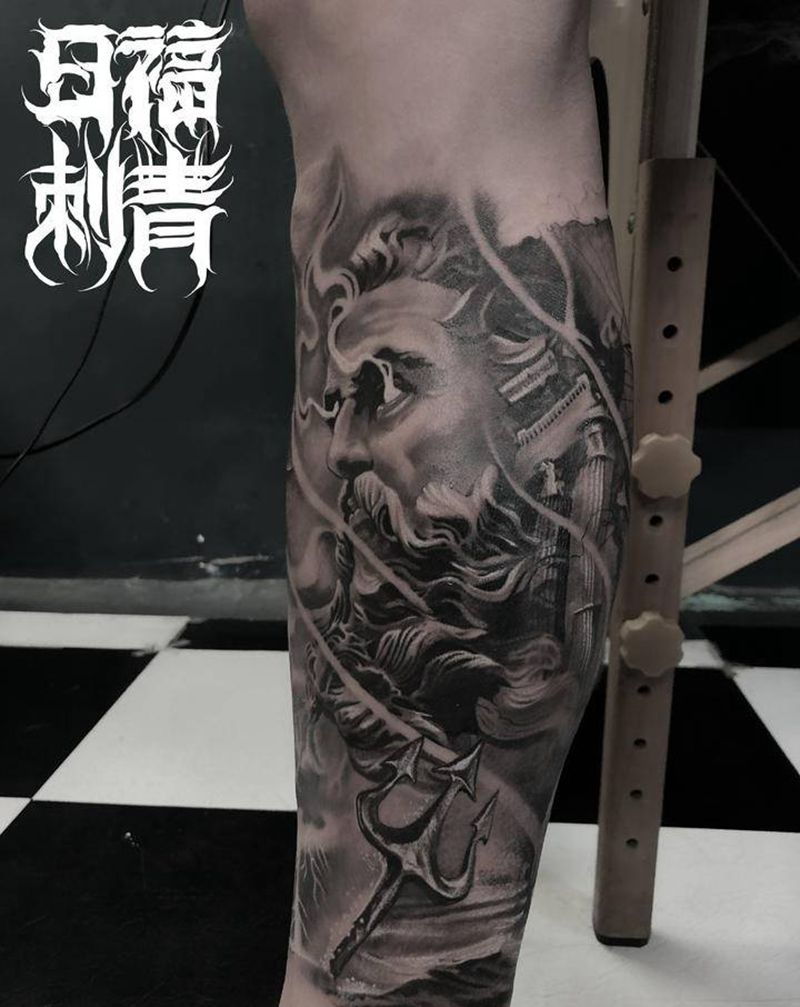 欧美写实纹身图片_脚部腿部欧美写实波塞冬纹身图案