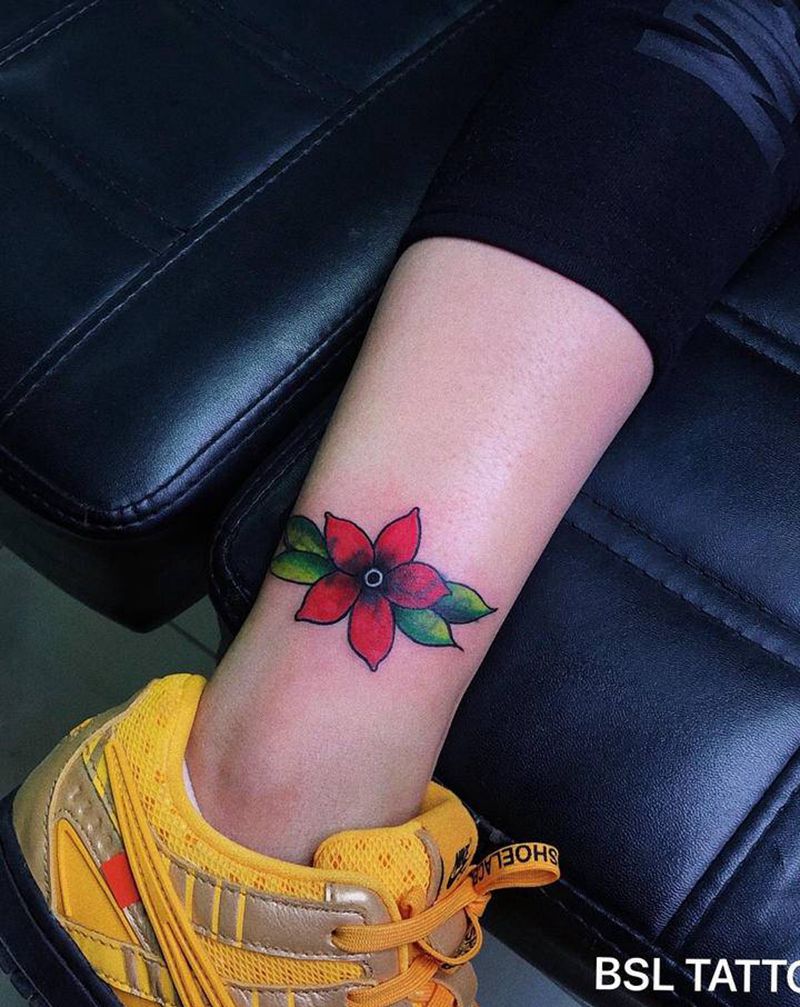 小红花遮盖英文纹身图片_腿部脚部Old School纹身图案