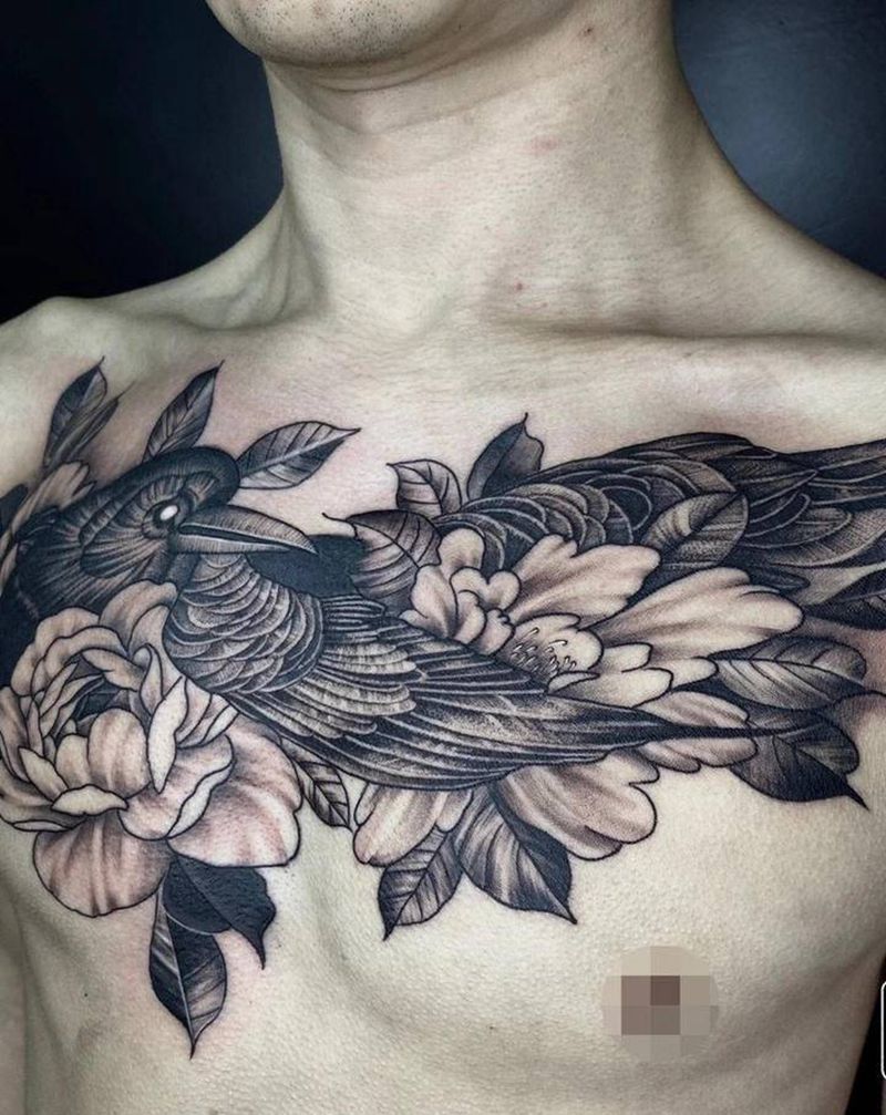 花胸素描点刺纹身图片_胸部点刺纹身图案