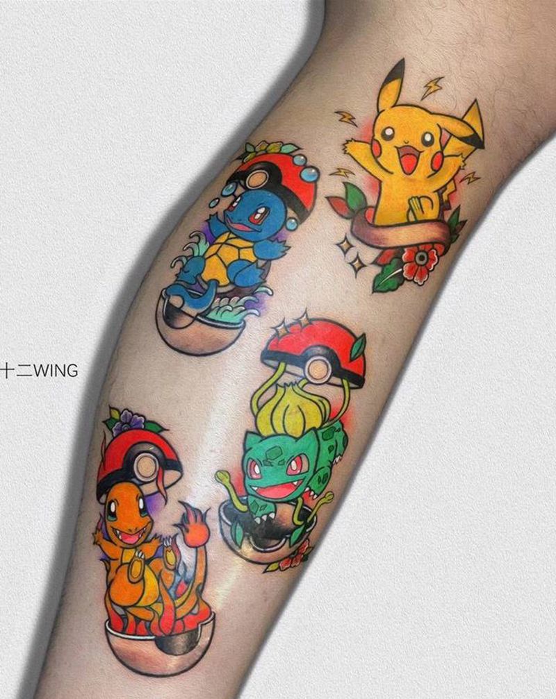 口袋怪兽纹身图片_腿部水彩卡通纹身图案