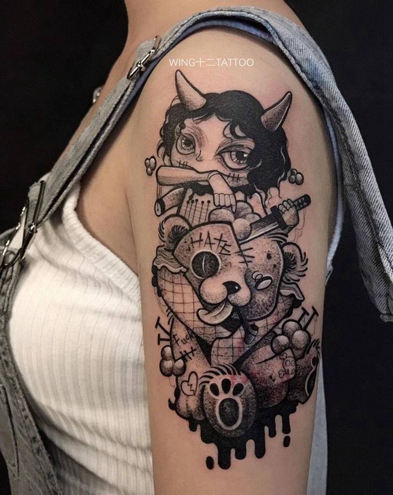 魔鬼女孩和她的熊纹身图片_手臂New School暗黑纹身图案