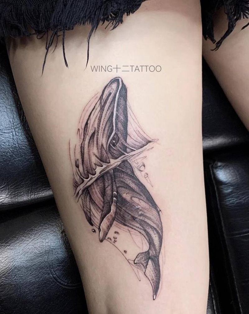 小鲸遮盖纹身图片_腿部图腾纹身图案