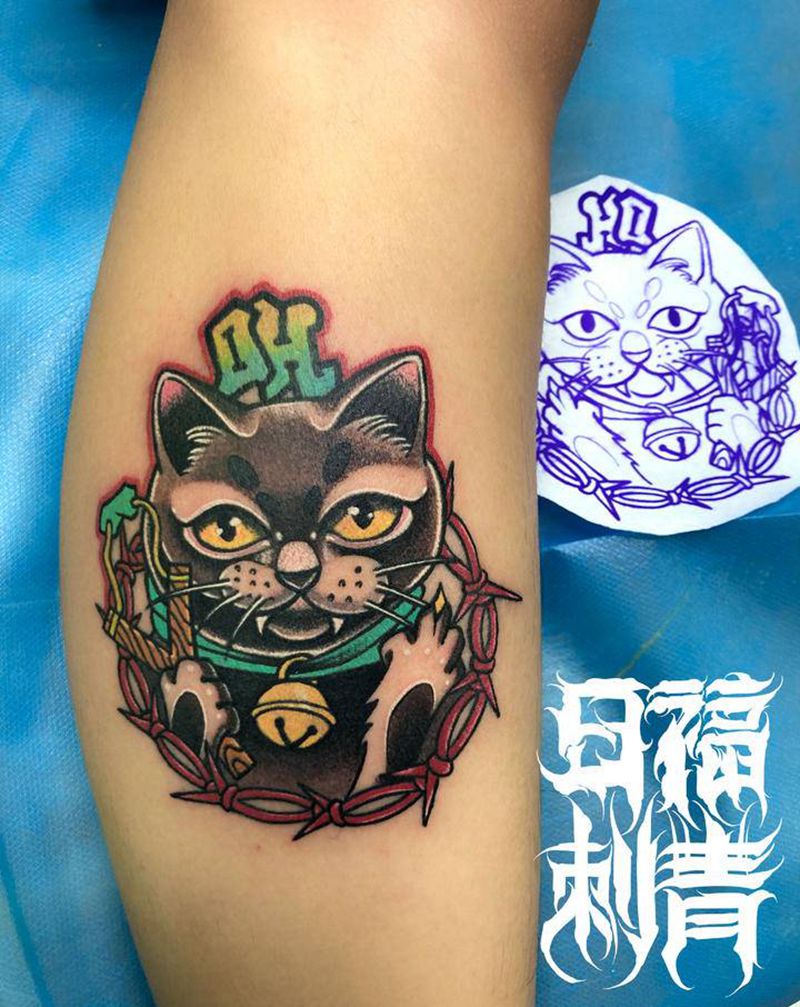 原创客人家的猫咪纹身图片_脚部腿部New SchoolOld School猫纹身图案