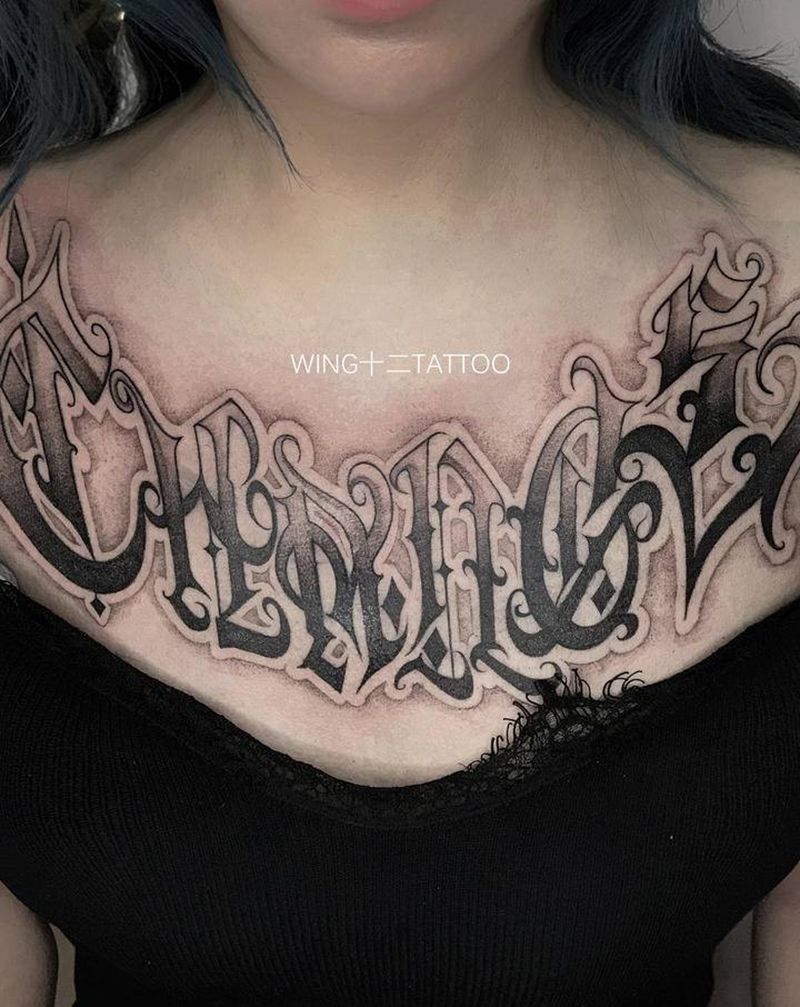 CHANGE纹身图片_胸部花体字纹身图案