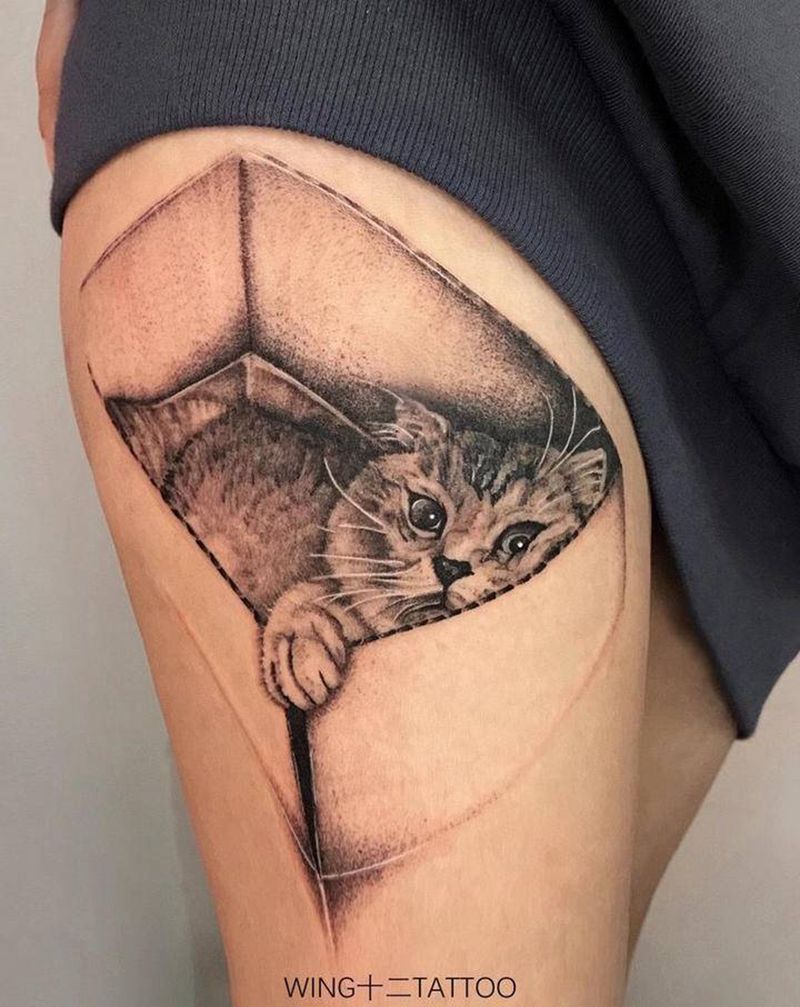 纸箱里的猫纹身图片_腿部欧美写实纹身图案