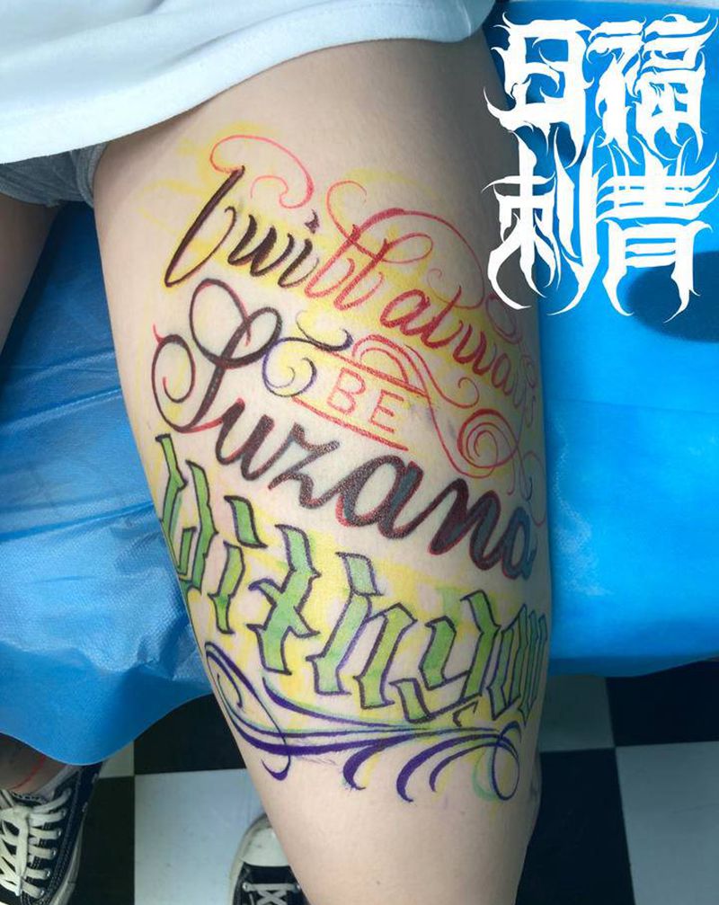 花体字纹身图片_腿部花体字纹身图案