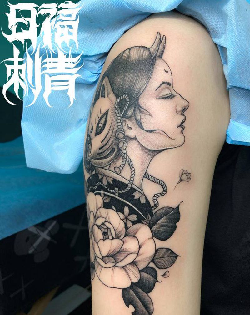 艺妓纹身图片_手臂新传统纹身图案