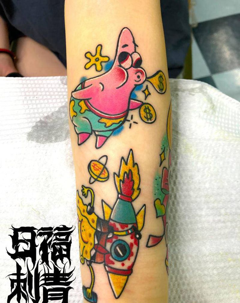 海绵宝宝和派大星到店原创设计纹身图片_手部Old SchoolNew School纹身图案