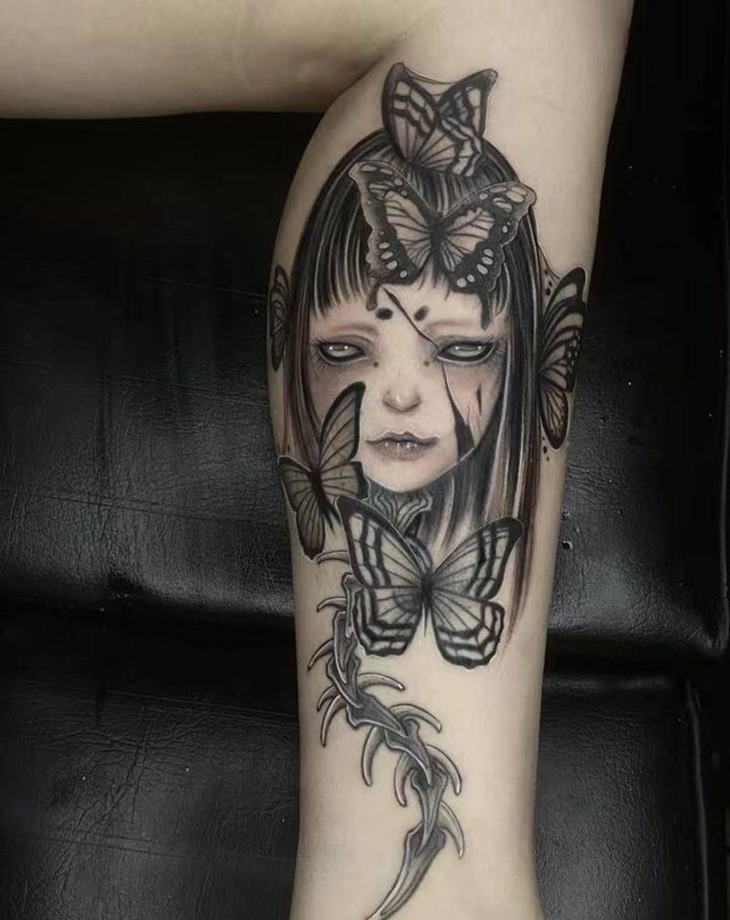 暗黑艺姬纹身图片_腿部欧美写实纹身图案