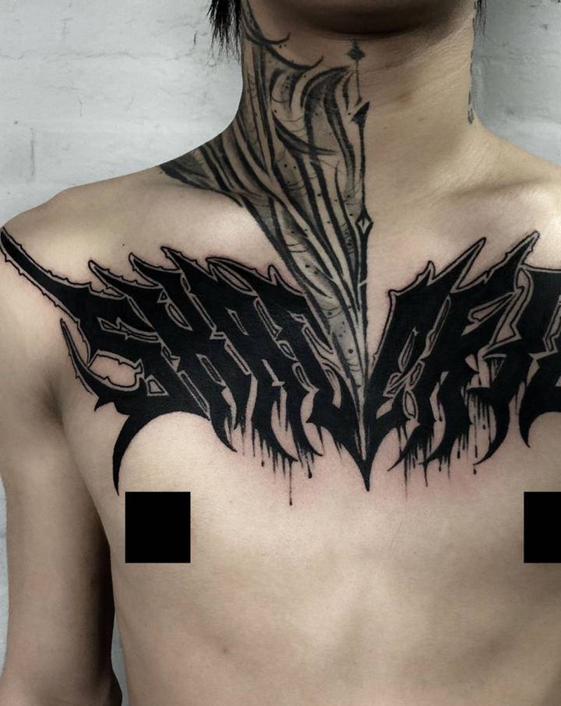 暗黑花体字纹身图片_胸部花体字纹身图案