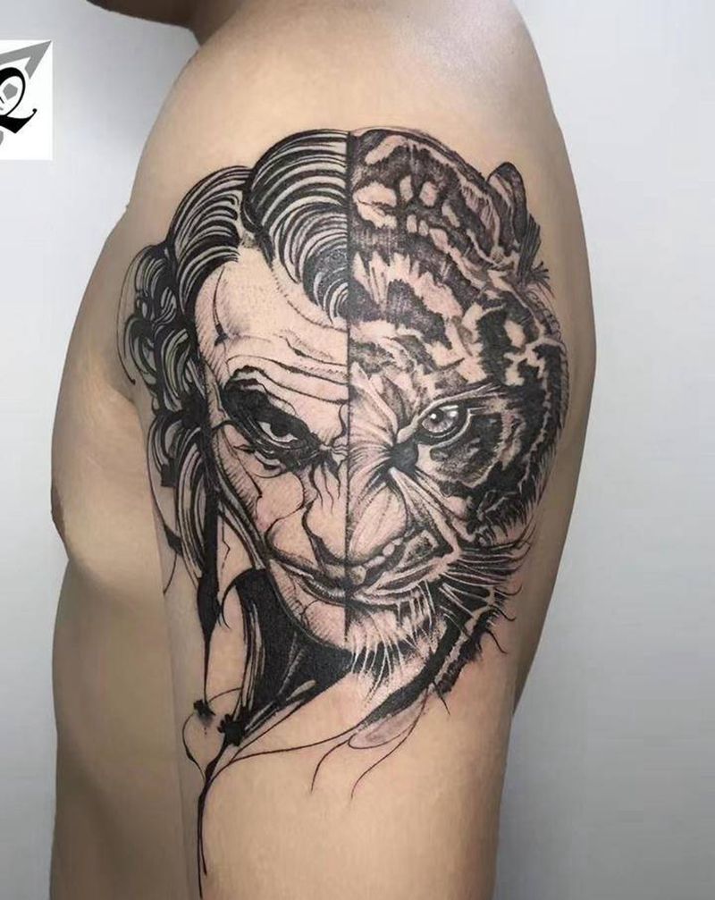 小丑与虎纹身图片_手臂欧美写实纹身图案