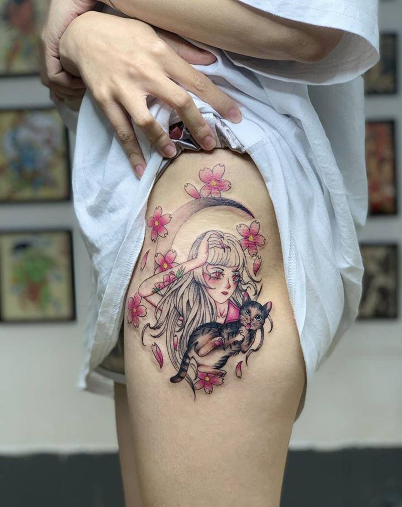 小姐姐与她的猫纹身图片_臀部纹身图案