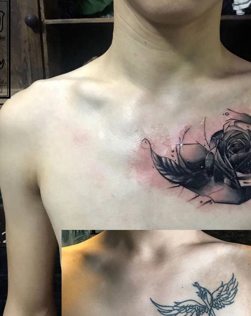 遮蓋纹身图片_肩部水彩纹身图案