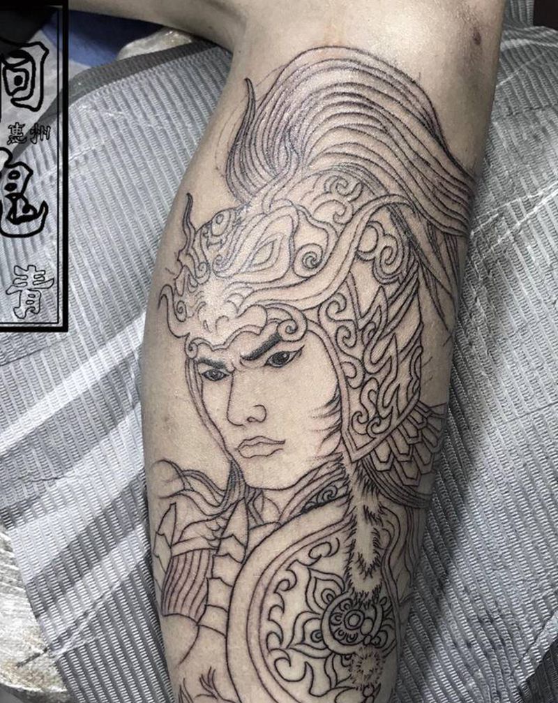 趙子龍線條纹身图片_腿部纹身图案