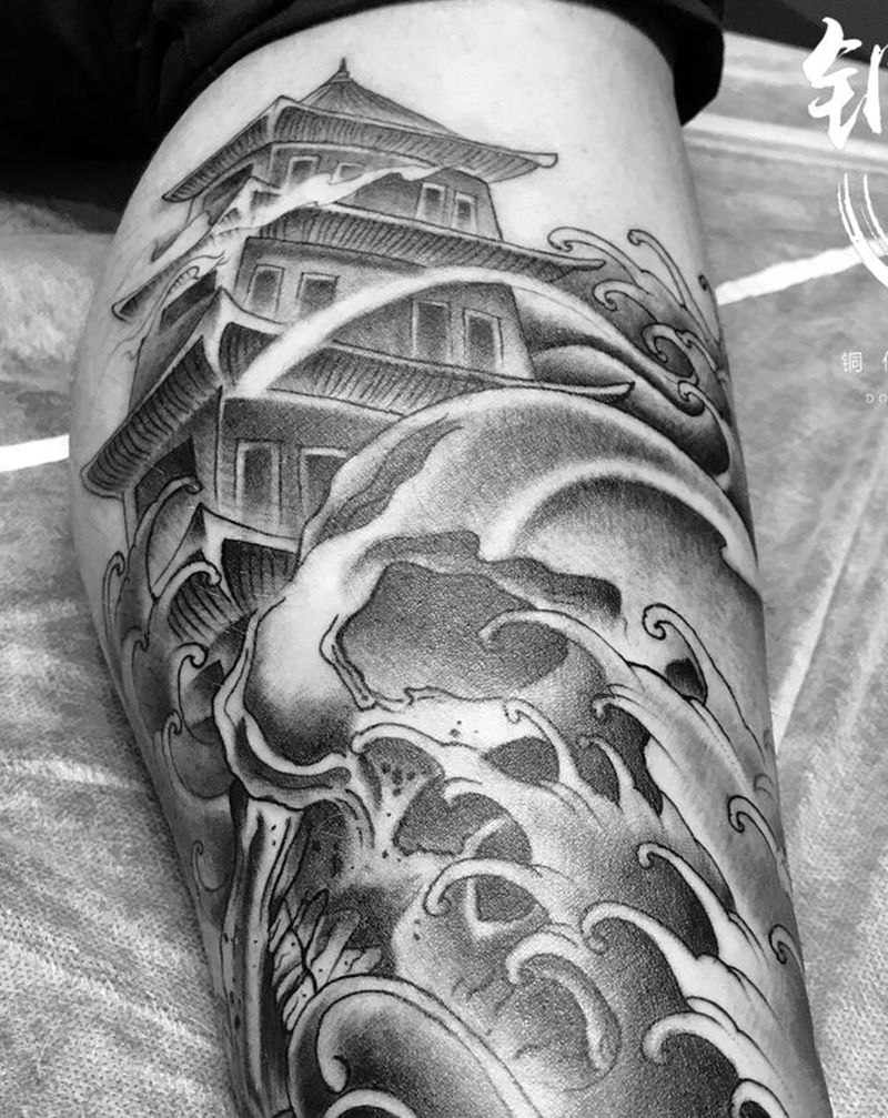 塔纹身图片_腿部新传统纹身图案