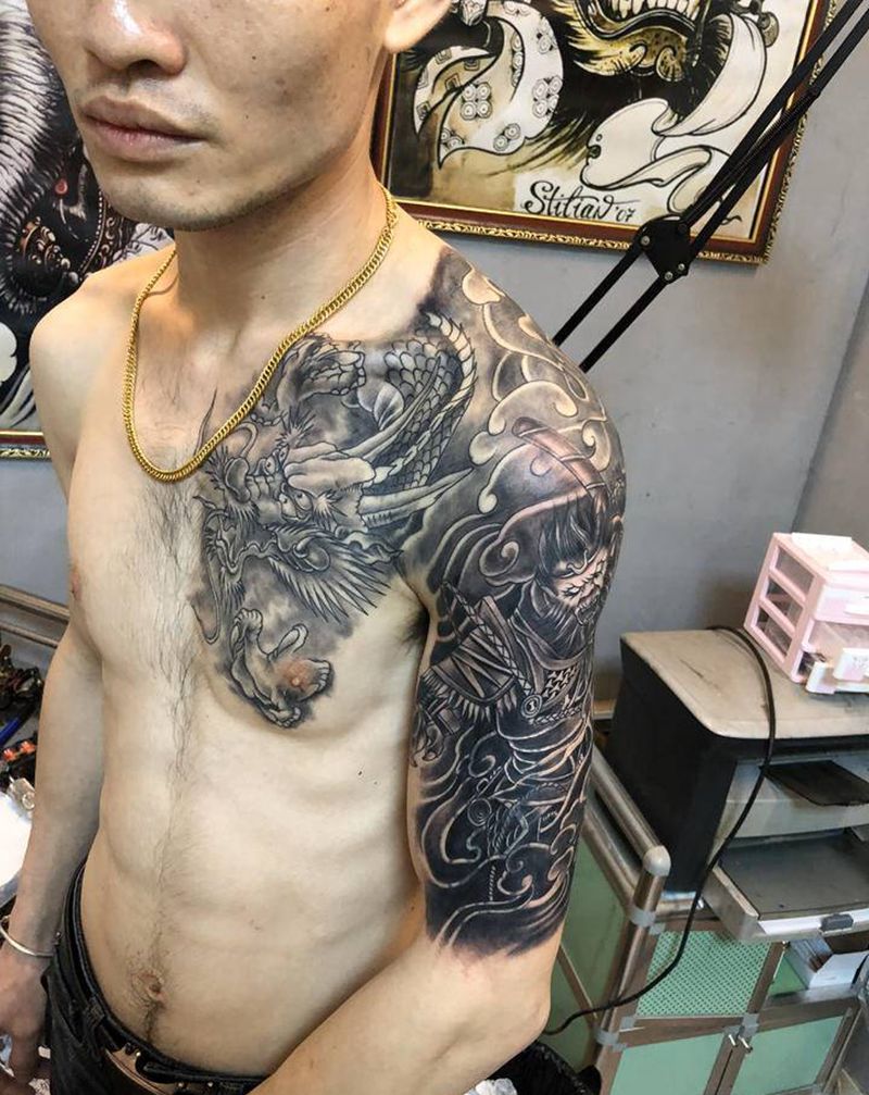 半甲纹身图片_胸部手臂新传统龙 孙悟空纹身图案