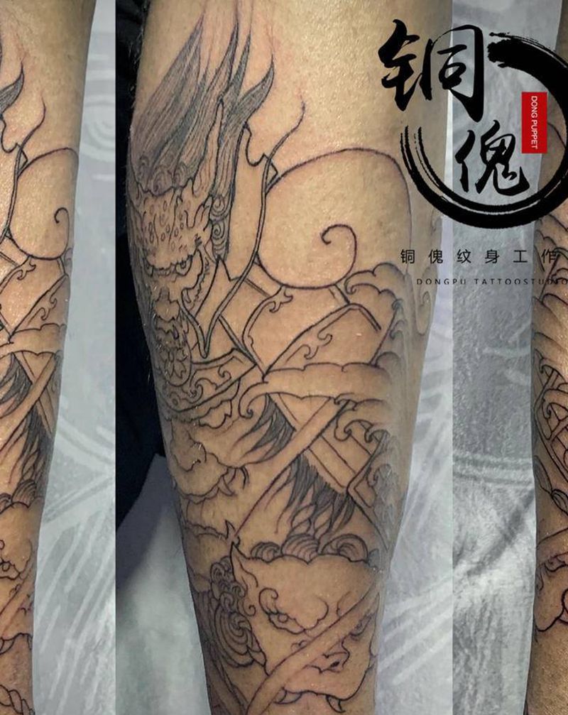 武士包退初步线纹身图片_新传统纹身图案