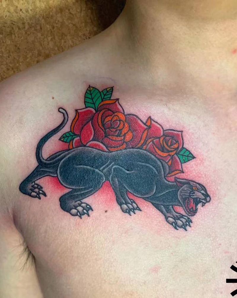 黑豹覆盖纹身图片_胸部Old School纹身图案