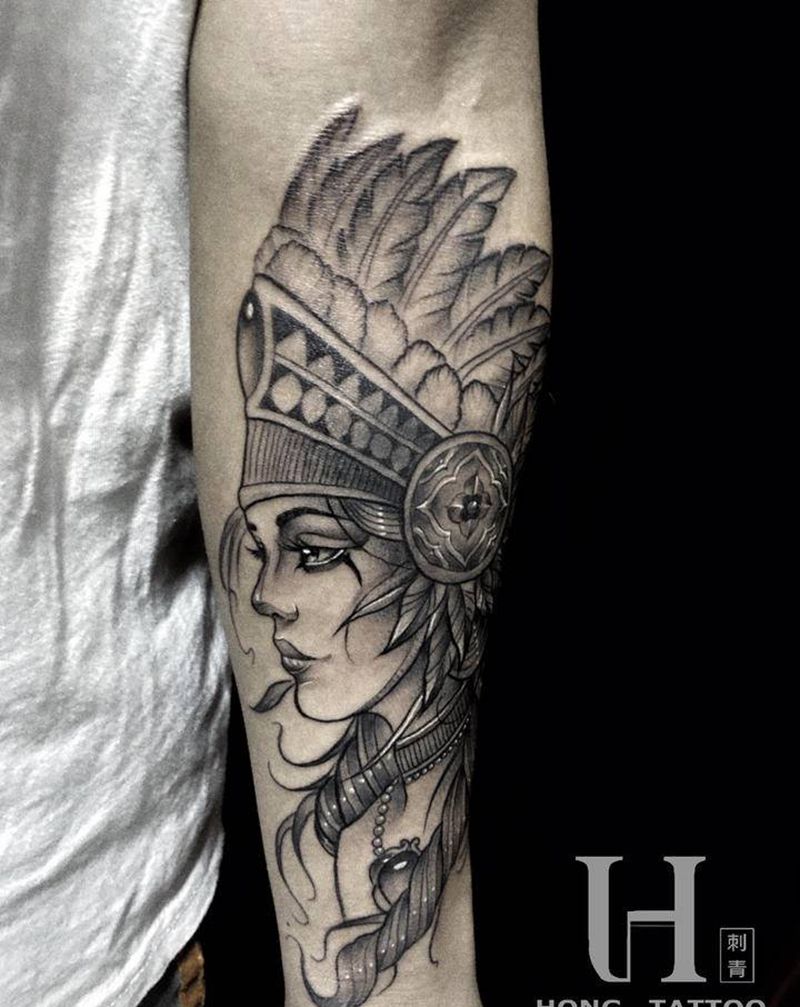 印第安女纹身图片_手臂New School纹身图案