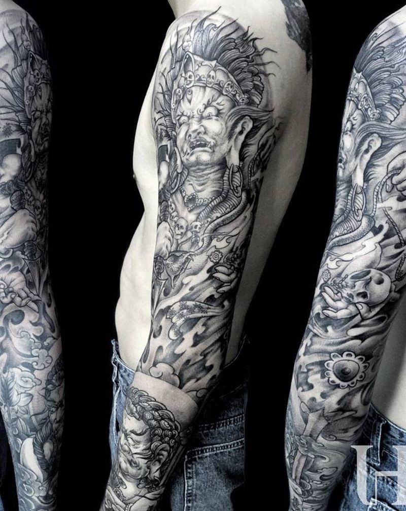 大黑天➕不动尊纹身图片_手臂新传统纹身图案
