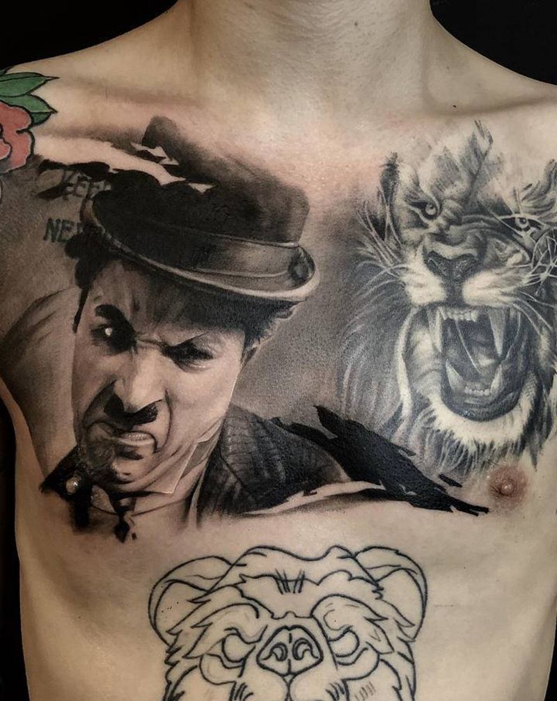 卓别林纹身图片_胸部欧美写实纹身图案