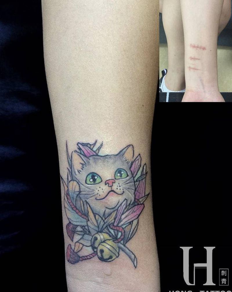 招财猫-遮盖疤痕纹身图片_New School纹身图案