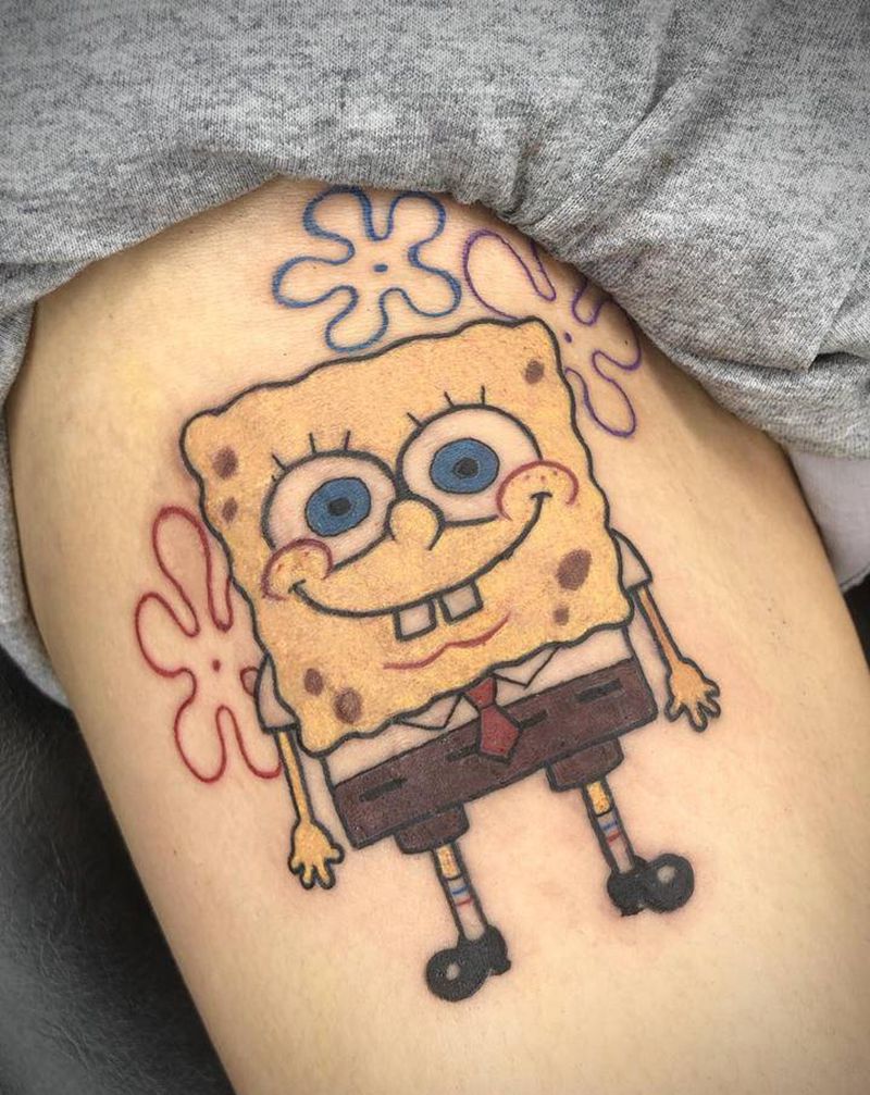 海绵宝宝纹身图片_腿部纹身图案