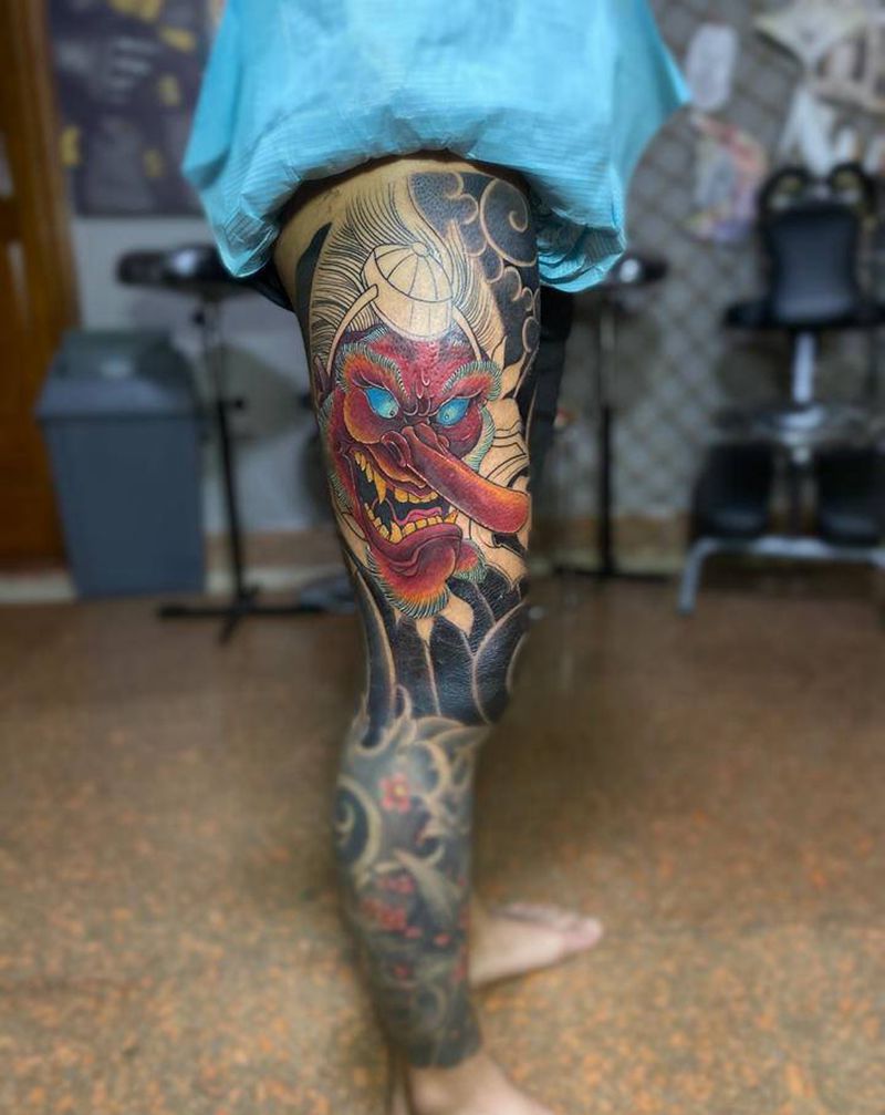 天狗未完成纹身图片_腿部纹身图案