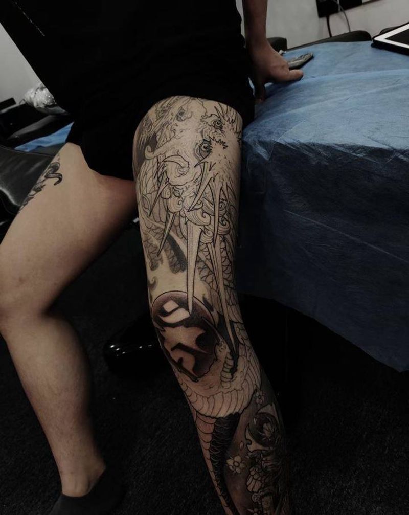 龙纹身图片_腿部新传统龙包全退传统纹身图案