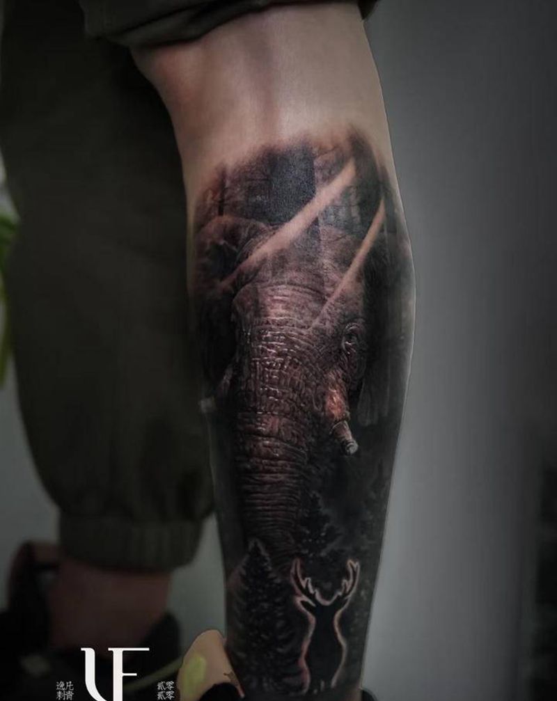 动物遮盖纹身图片_腿部欧美写实大象遮盖动物纹身图案