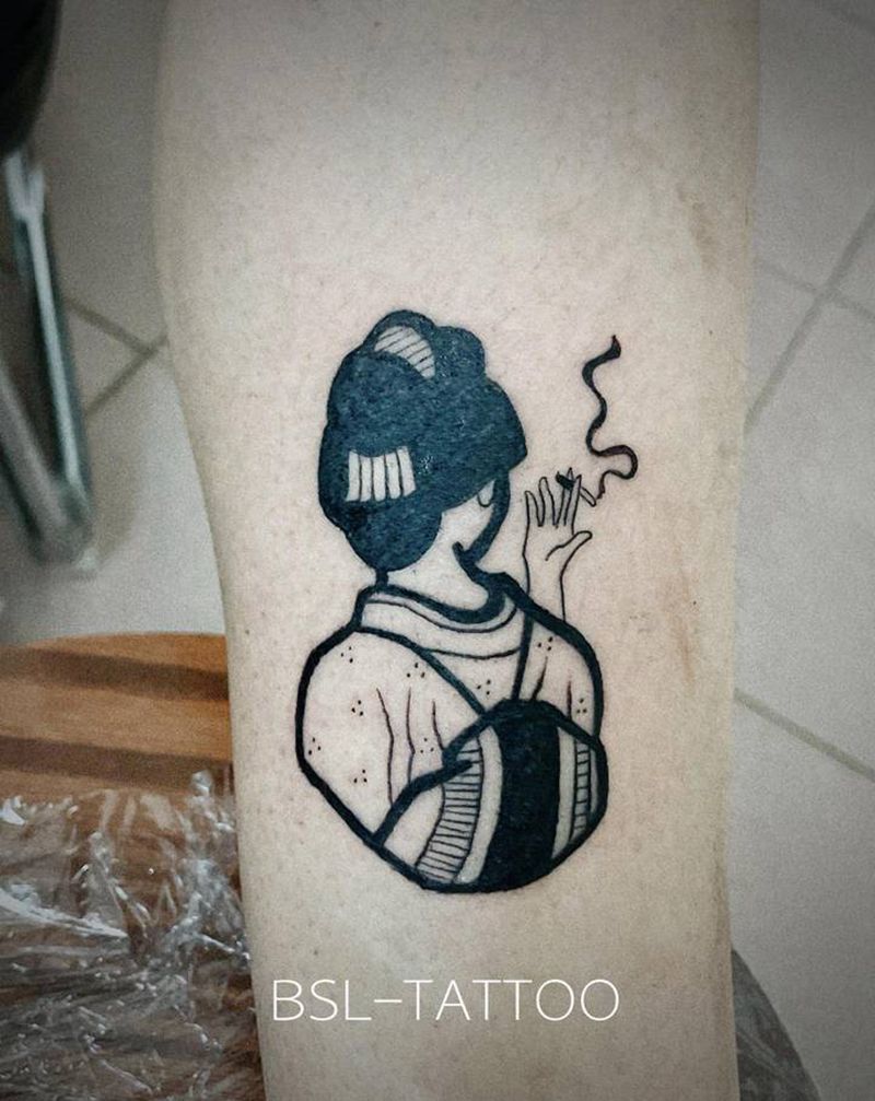 日式图案：抽烟纹身图片_腿部图腾纹身图案