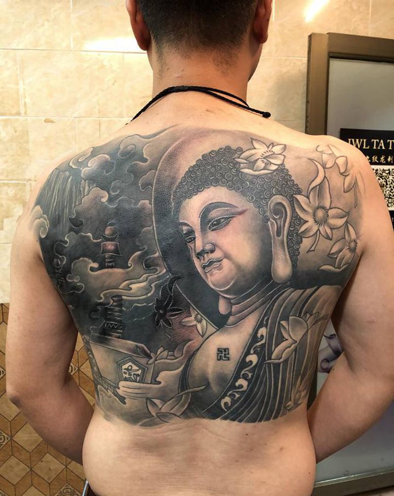 佛像纹身图片_背部新传统纹身图案