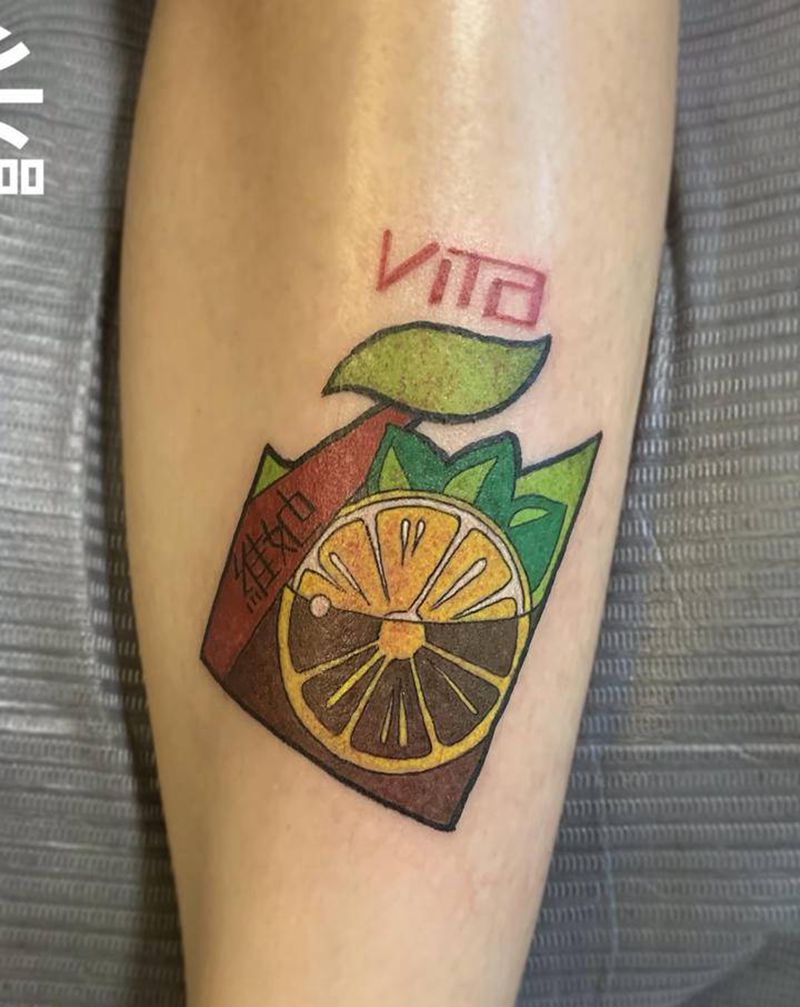 谁不爱柠檬茶呢纹身图片_腿部纹身图案