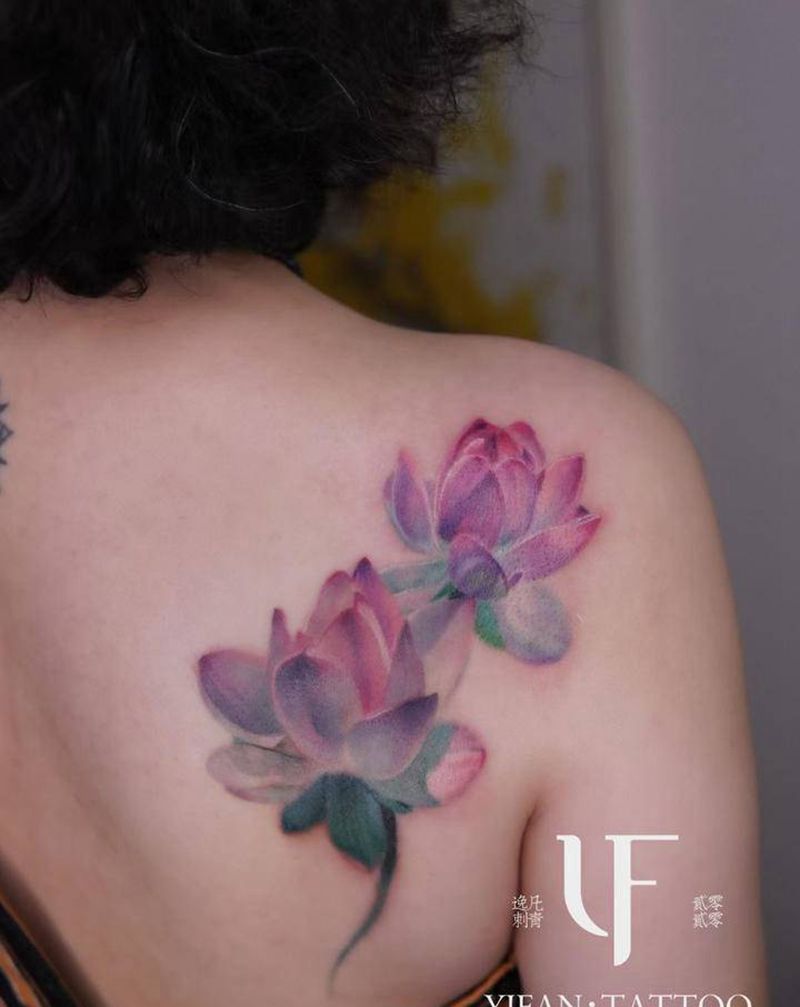 荷花纹身图片_背部欧美写实彩色写实荷花纹身图案