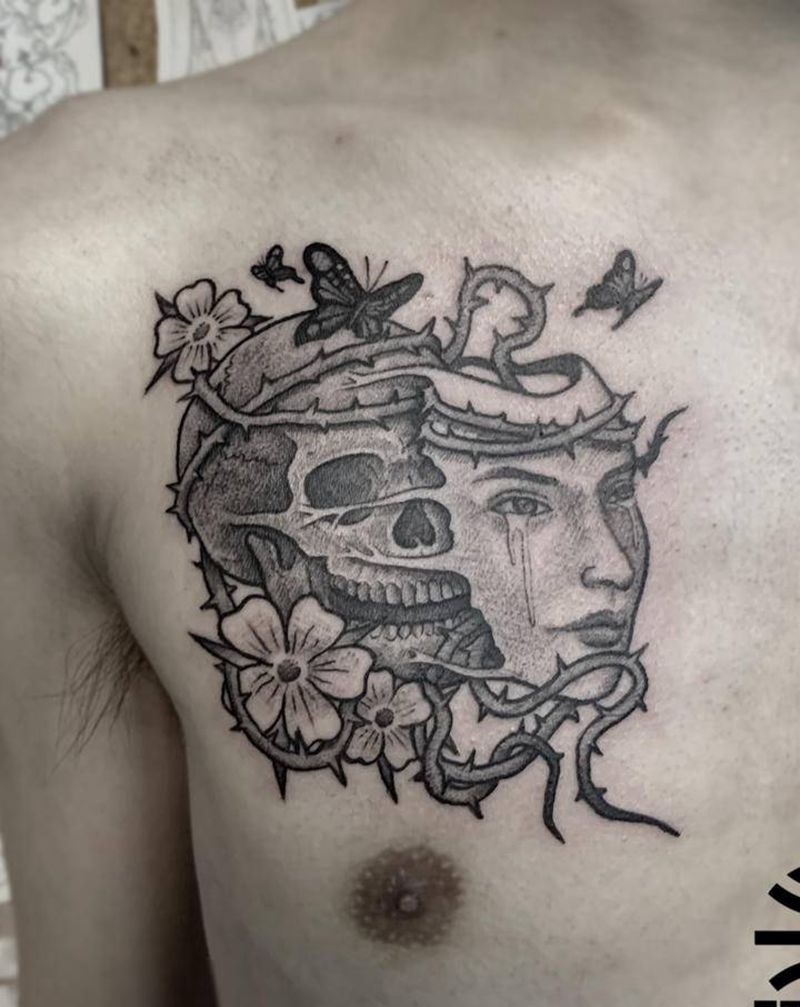 骨头面具纹身图片_胸部纹身图案