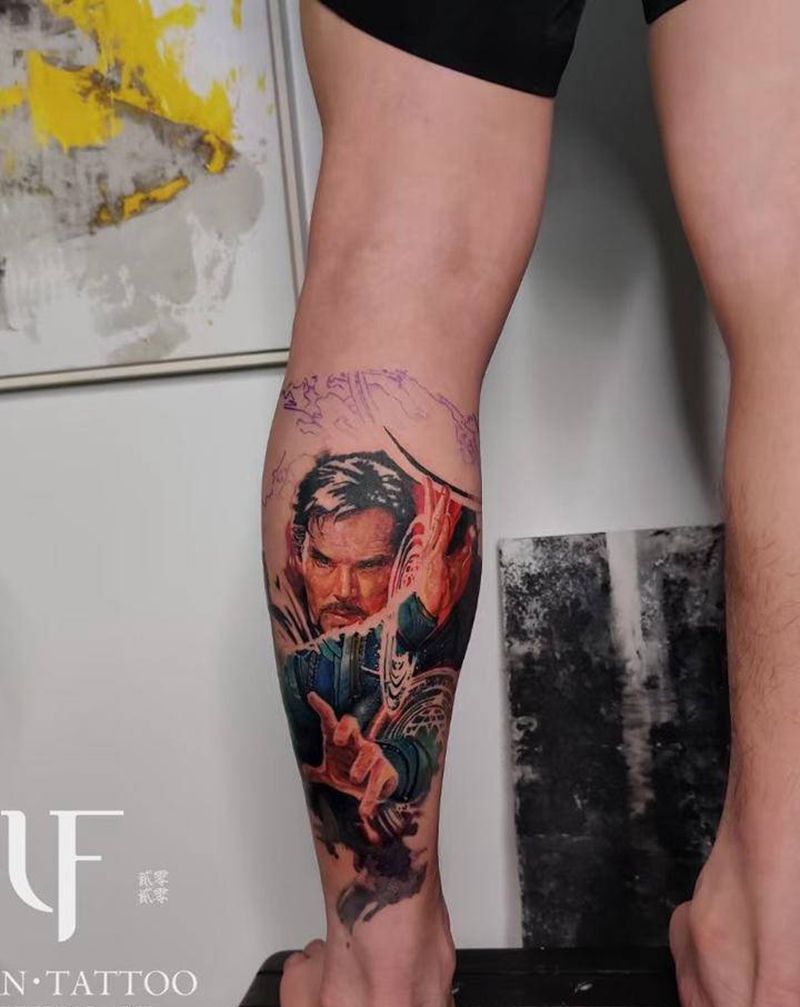 奇异博士纹身图片_腿部脚部欧美写实奇异博士漫威彩色写实纹身图案