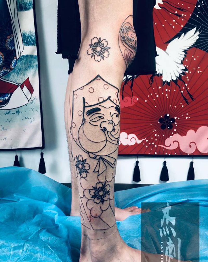 日式小腿纹身图片_腿部老传统纹身图案